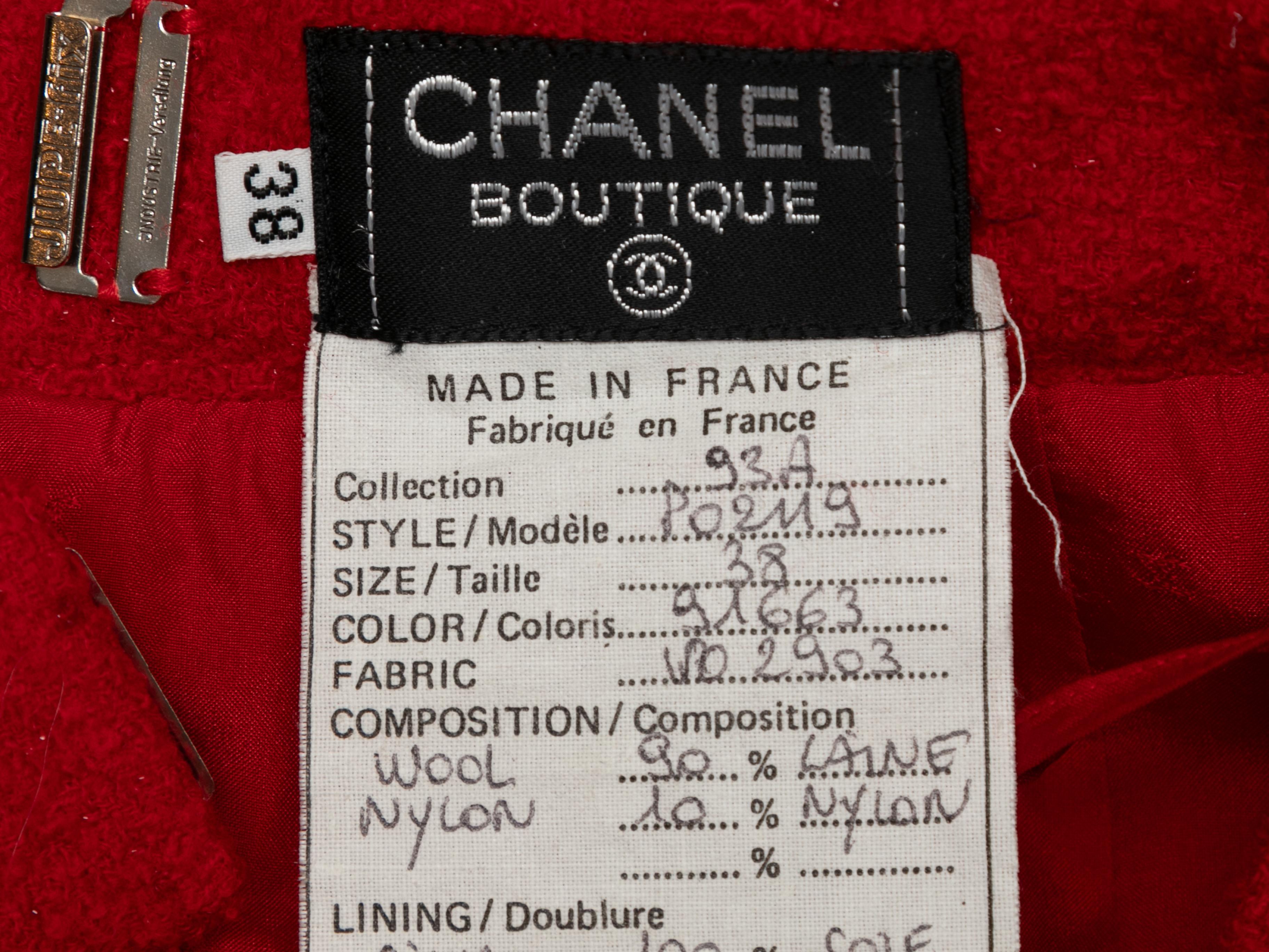 Vintage Chanel Boutique Rojo Otoño/Invierno 1993 Falda de lana Talla FR 38 1