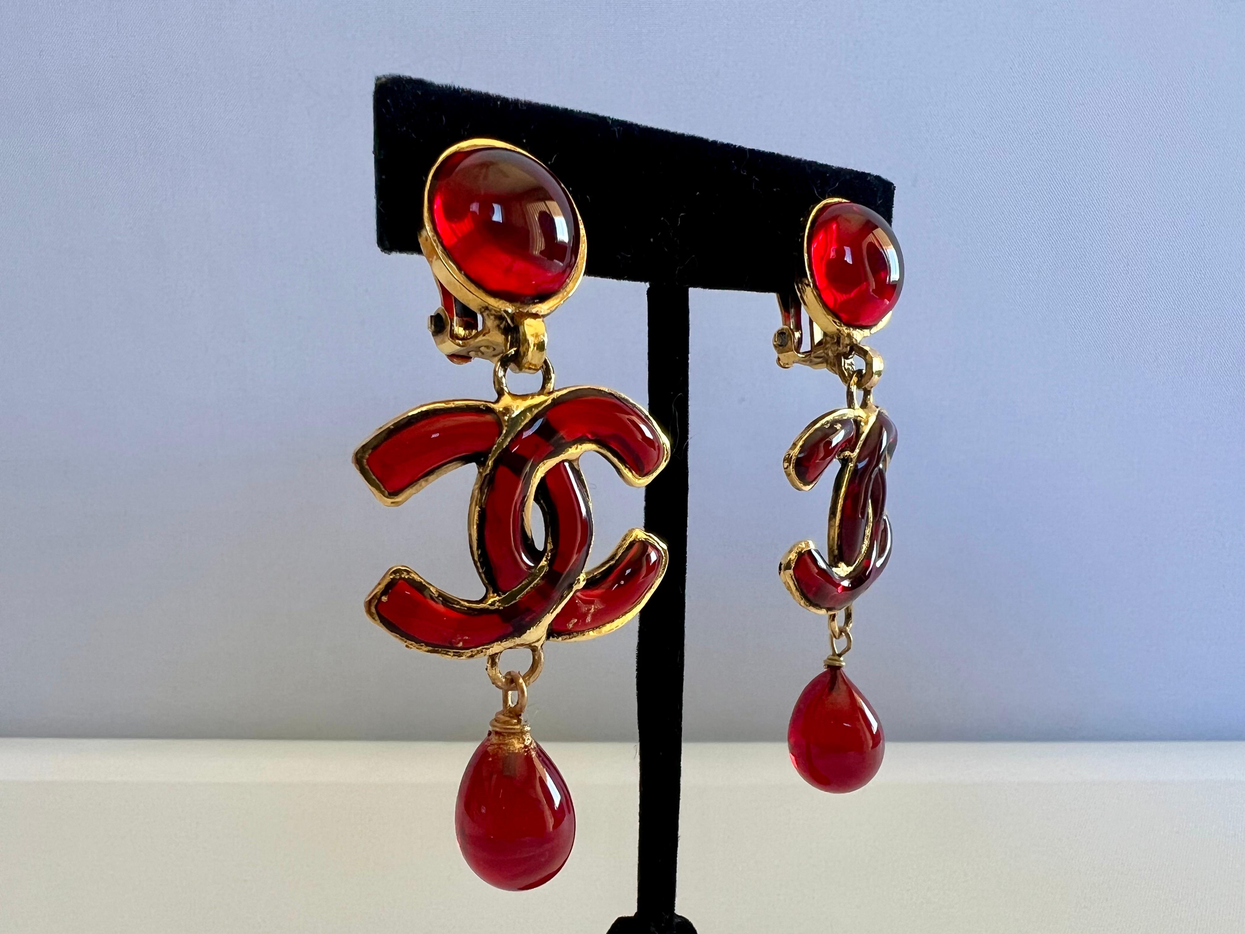 Artisan Vintage Red Chanel Double CC Drop Earrings For Sale