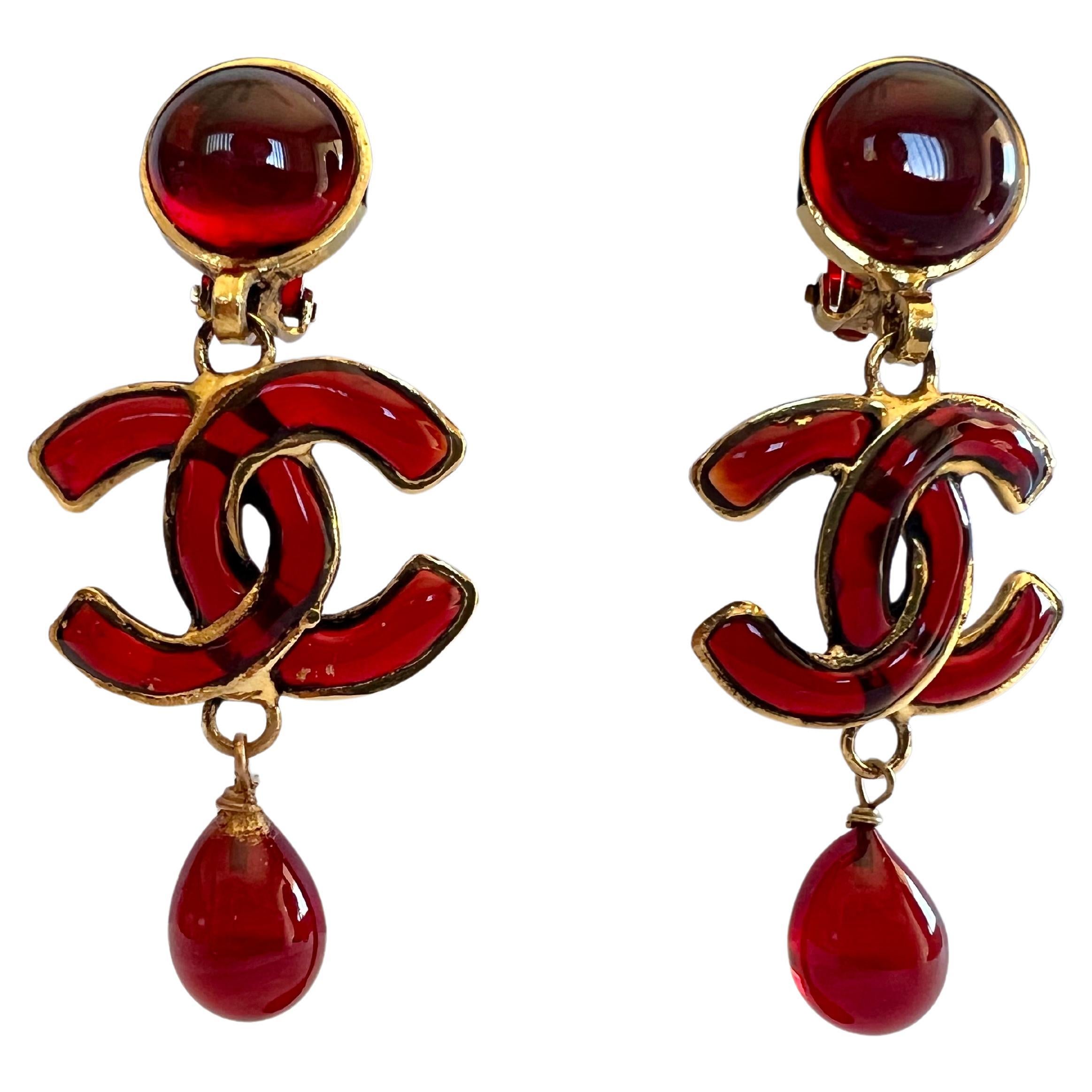 Vintage Red Chanel Double CC Drop Earrings For Sale