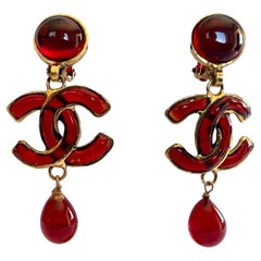 Vintage Red Chanel Double CC Drop Earrings