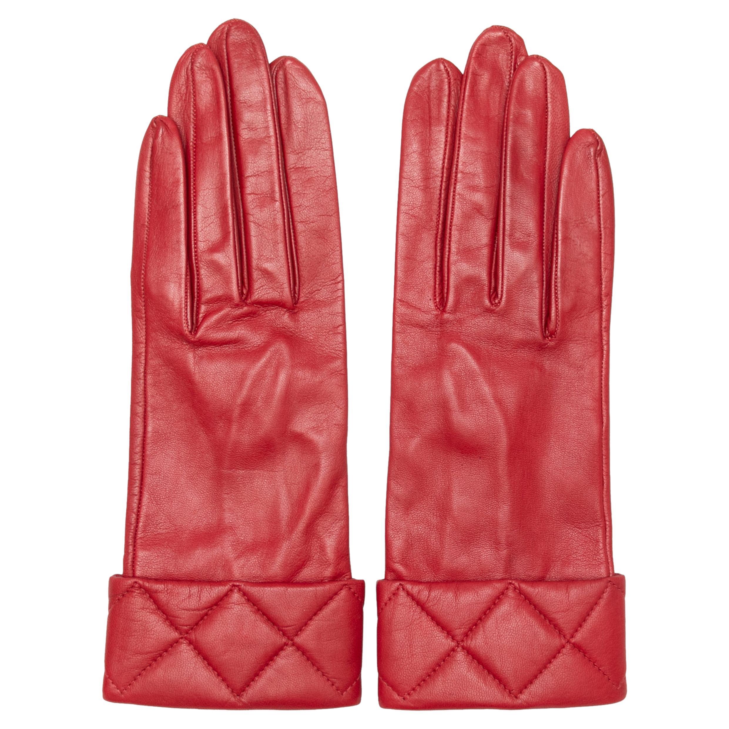 Vintage Red Chanel Leather Gloves Size 6.5 For Sale