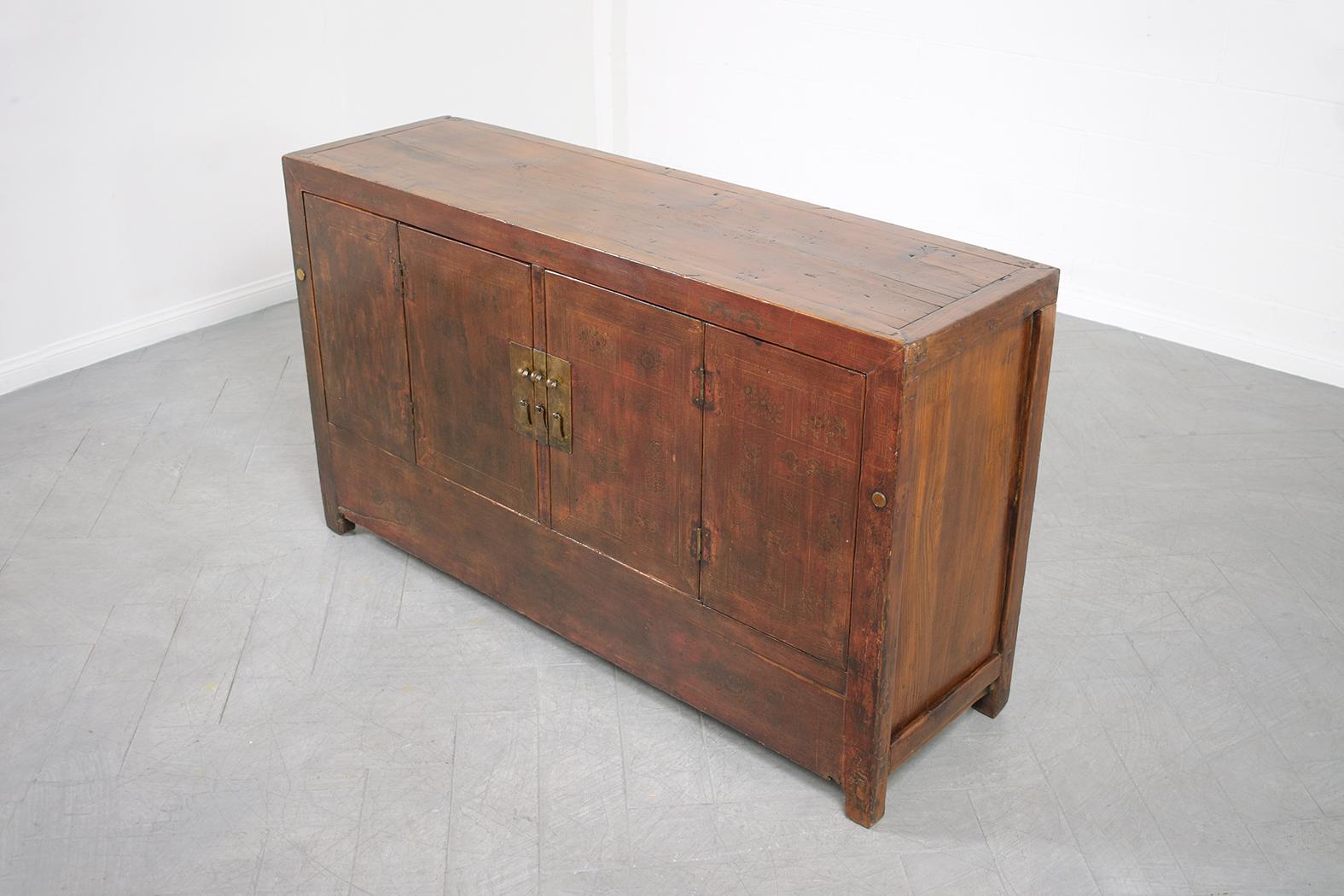 1980s Vintage Chinese Elm Wood Sideboard: Hand-Painted Floral & Brass Accents For Sale 5