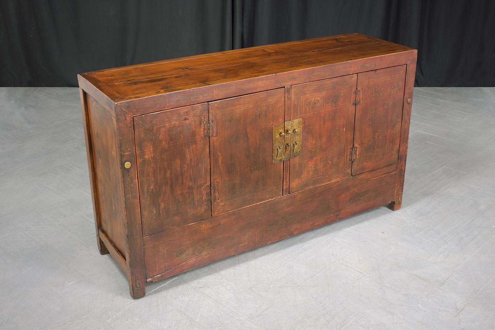 1980s Vintage Chinese Elm Wood Sideboard: Hand-Painted Floral & Brass Accents For Sale 5