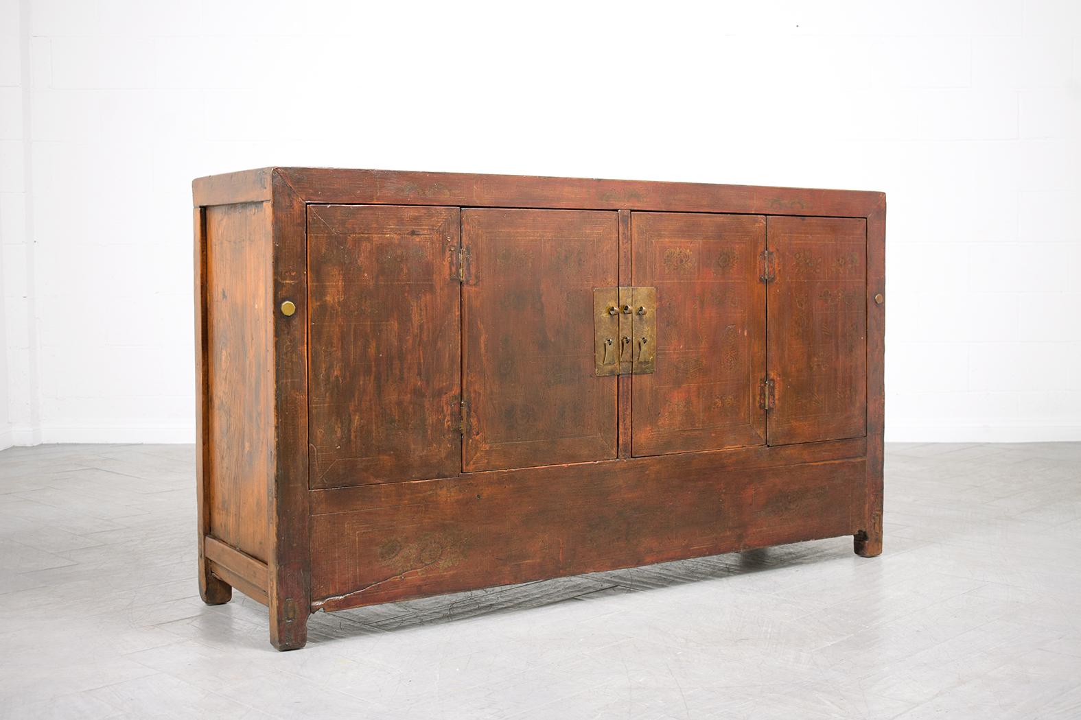 1980s Vintage Chinese Elm Wood Sideboard: Hand-Painted Floral & Brass Accents For Sale 7