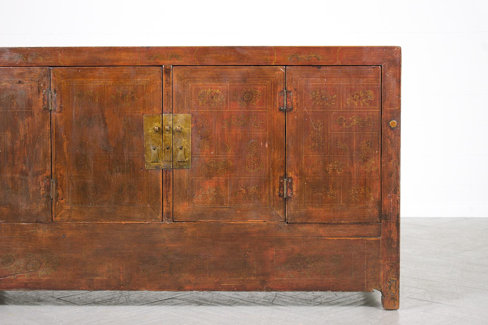 Hand-Crafted 1980s Vintage Chinese Elm Wood Sideboard: Hand-Painted Floral & Brass Accents For Sale