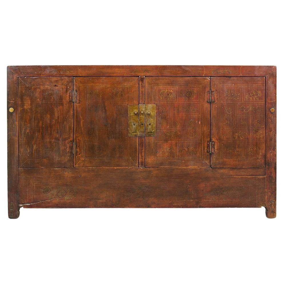 1980s Vintage Chinese Elm Wood Sideboard: Hand-Painted Floral & Brass Accents For Sale