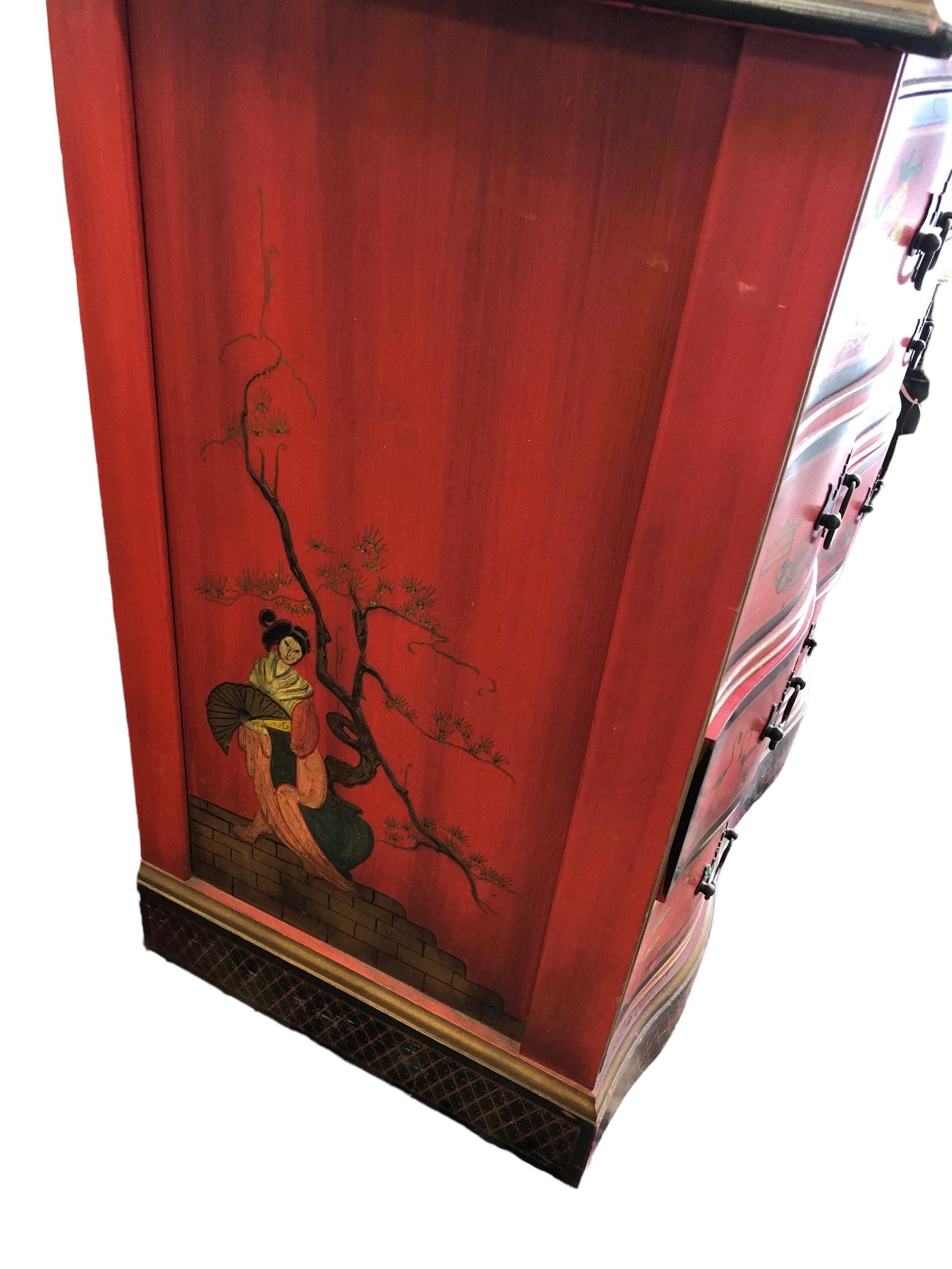 Vintage Red Chinoiserie Bachelors Chest In Good Condition In Chapel Hill, NC