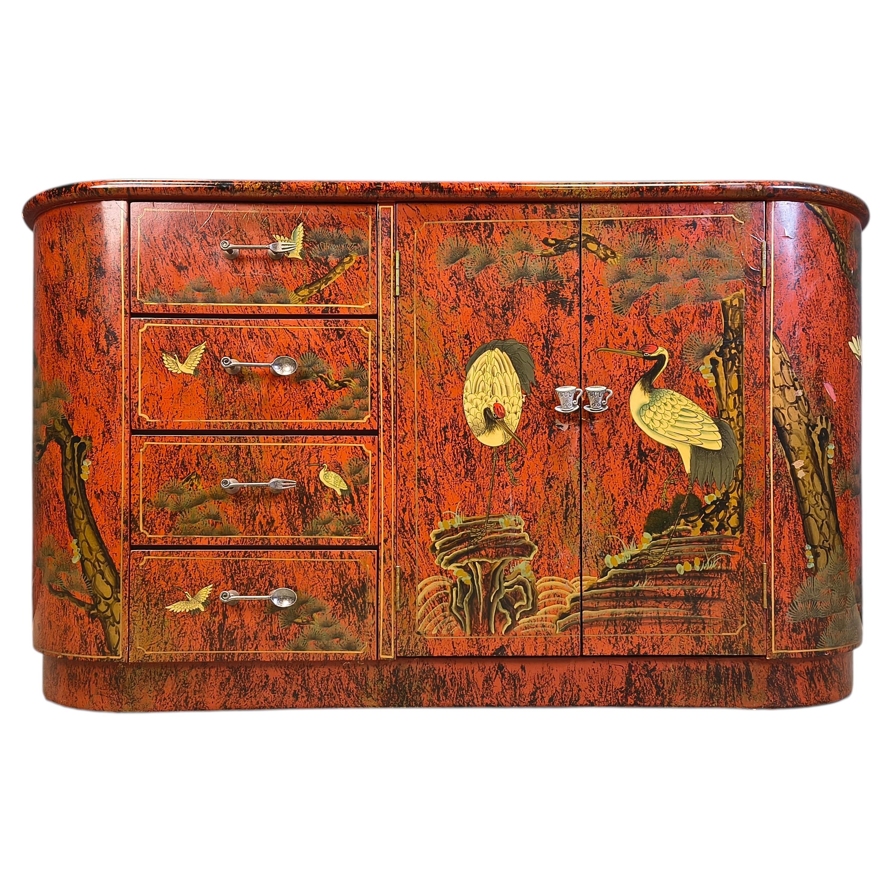 Vintage red chinoiserie cabinet, 1970s For Sale