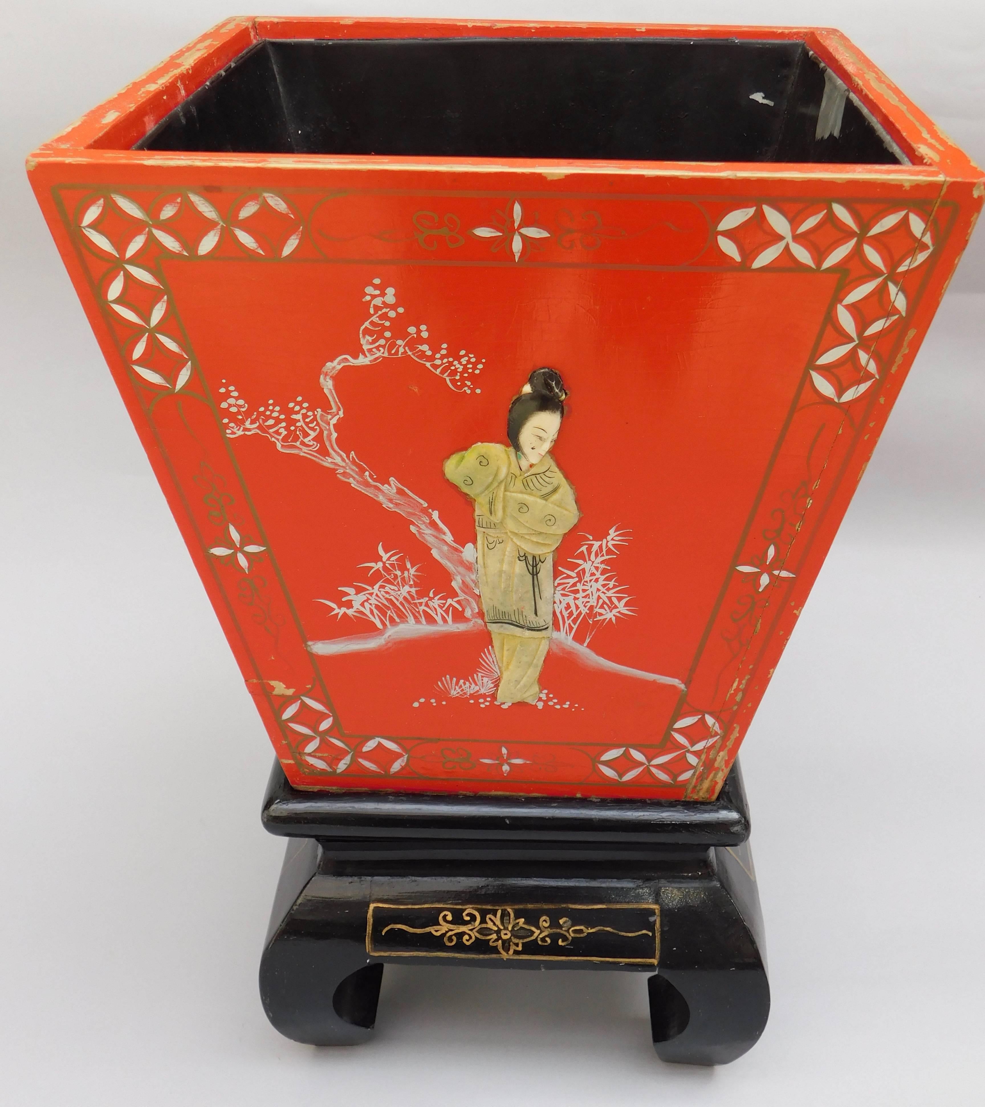 Chinese Export Vintage Red Chinoiserie Planter / Wine Cooler on Stand For Sale
