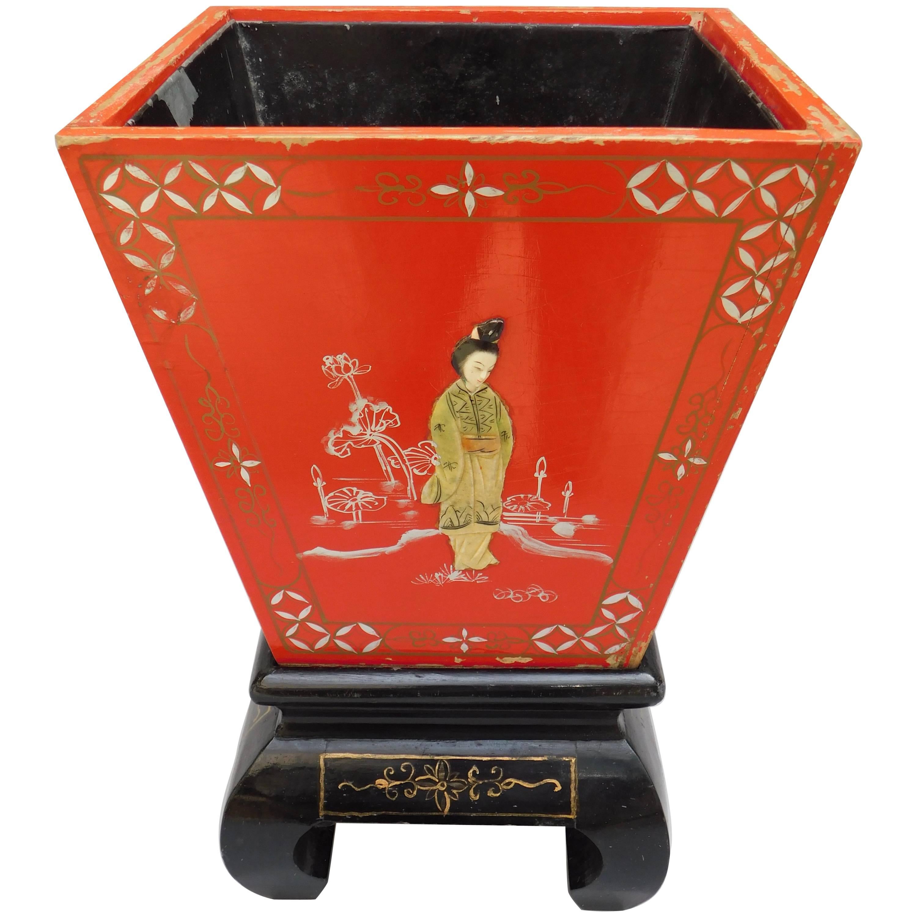 Vintage Red Chinoiserie Planter / Wine Cooler on Stand For Sale