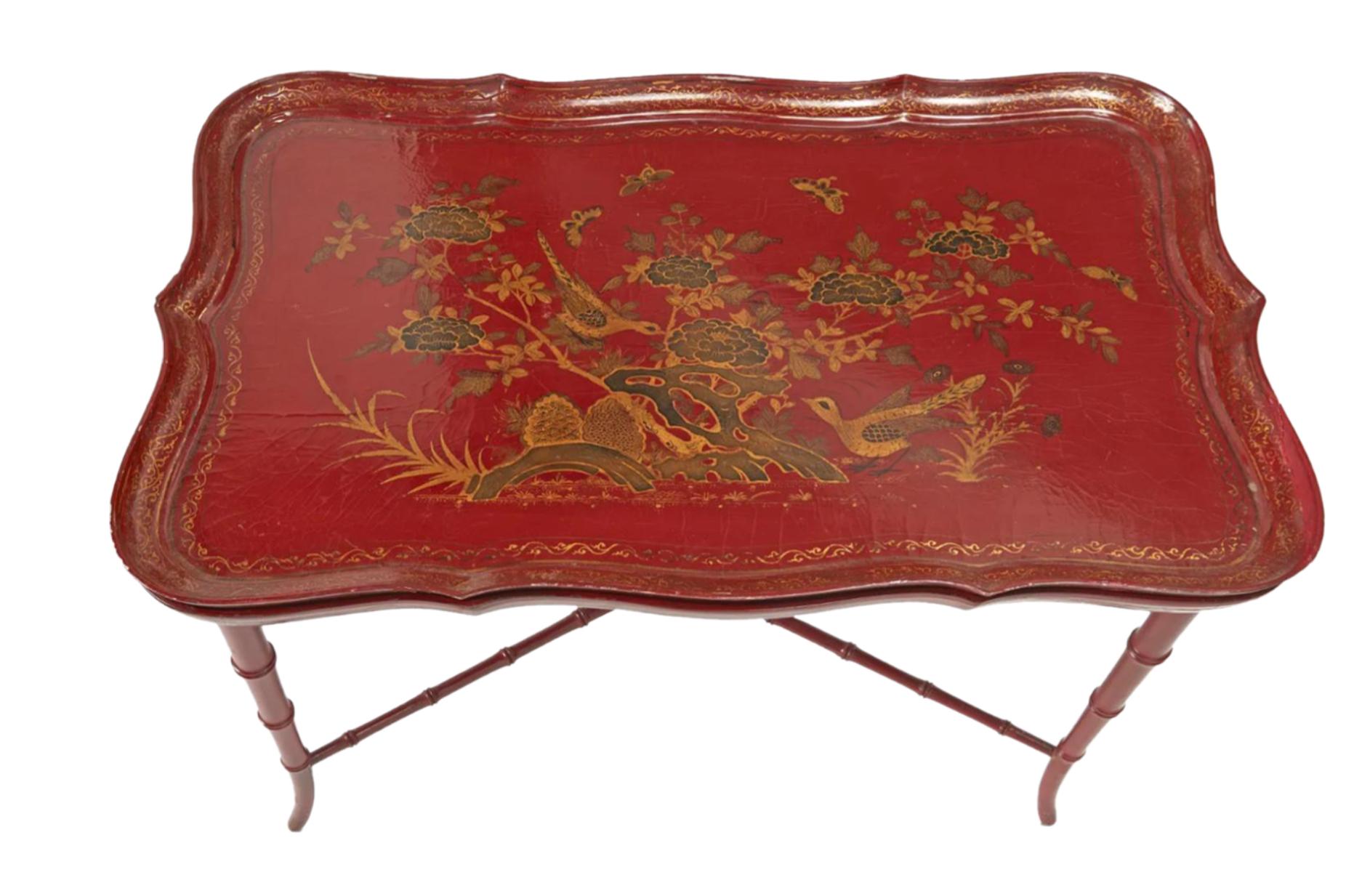 French Vintage Red Chinoiserie Tray Top Faux Bamboo Coffee Cocktail Table For Sale
