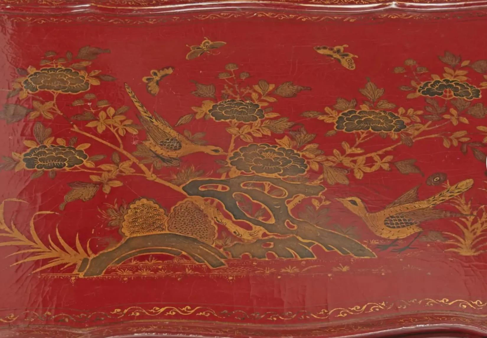 20th Century Vintage Red Chinoiserie Tray Top Faux Bamboo Coffee Cocktail Table For Sale