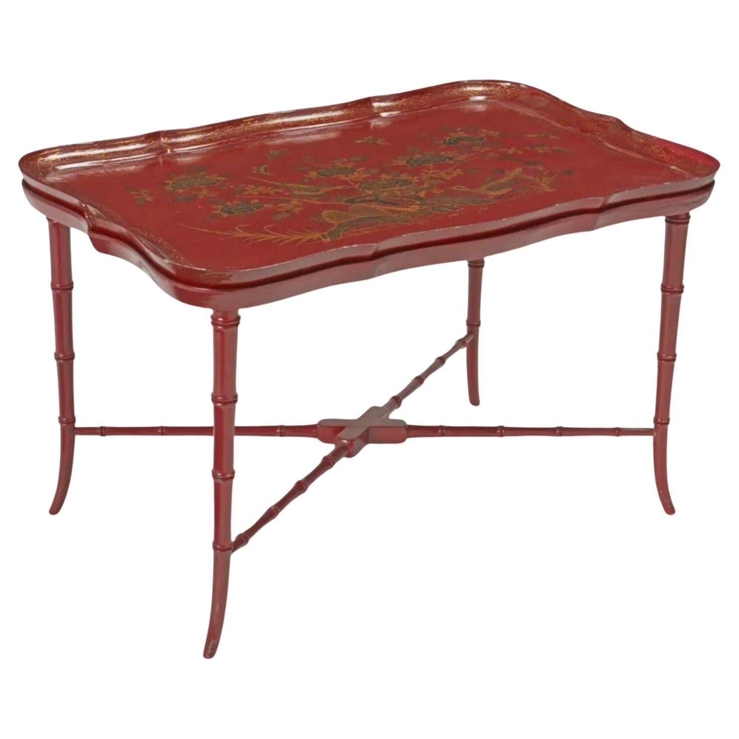 Table basse vintage rouge avec plateau et faux bambou chinoiserie en vente