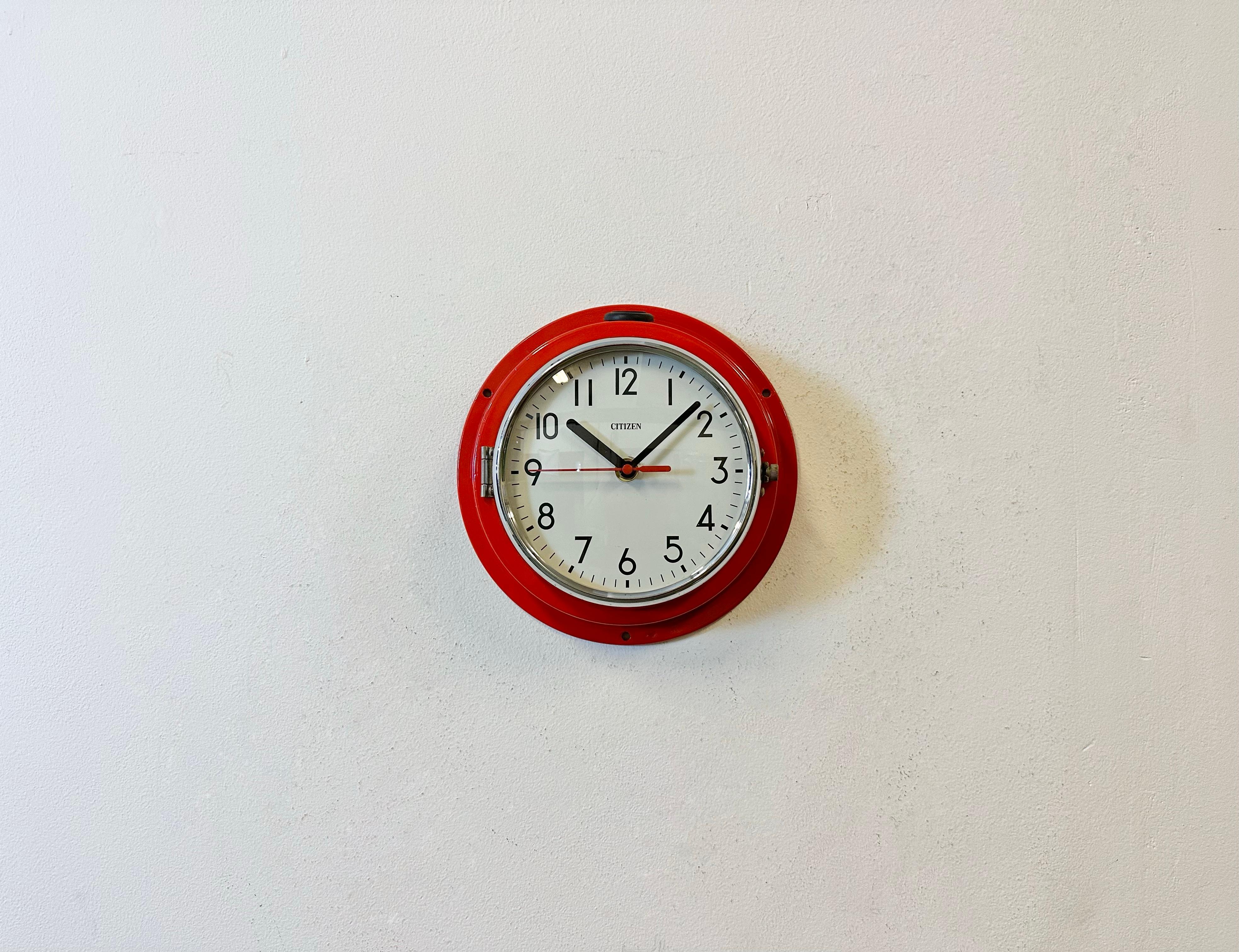 Vintage Citizen maritime slave clock designed during the 1970s and produced till 1990s. These clocks were used on large Japanese tankers and cargo ships. It features a red iron body, a metal dial and curved clear glass cover. This item has been