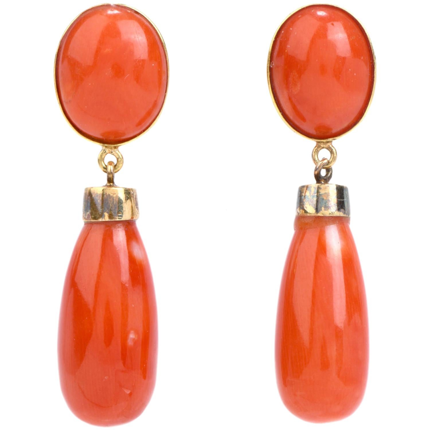 Vintage Red Coral 18 Karat Gold Drop Dangle Earrings