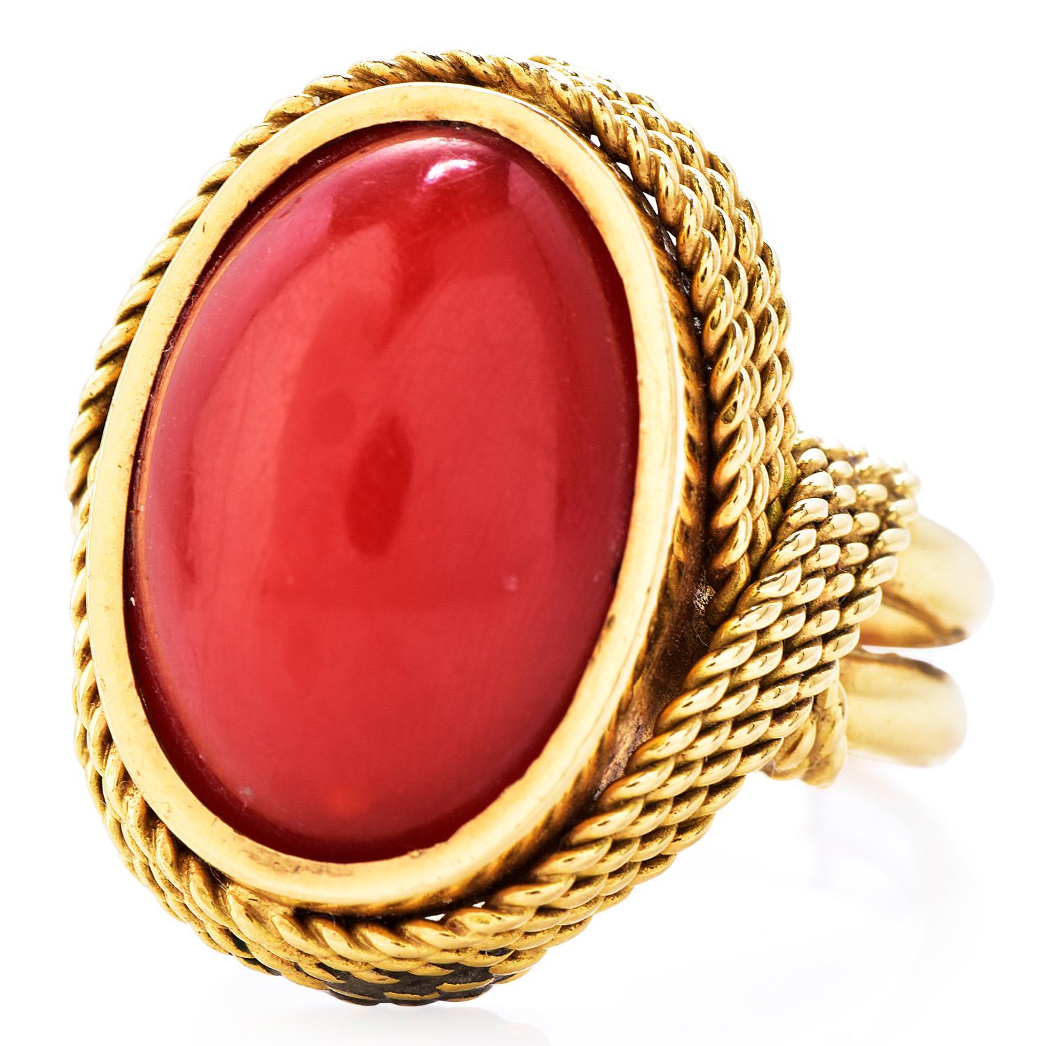 Vintage 1960's Natural Red Coral 18K Gold Vintage Oval Cocktail Ring

This hand-crafted Red Coral 18K Gold Oval Cocktail Ring is the perfect colorful accent for any ensemble weighing 23.5 grams.

Expertly crafted in solid 18K yellow gold, the center