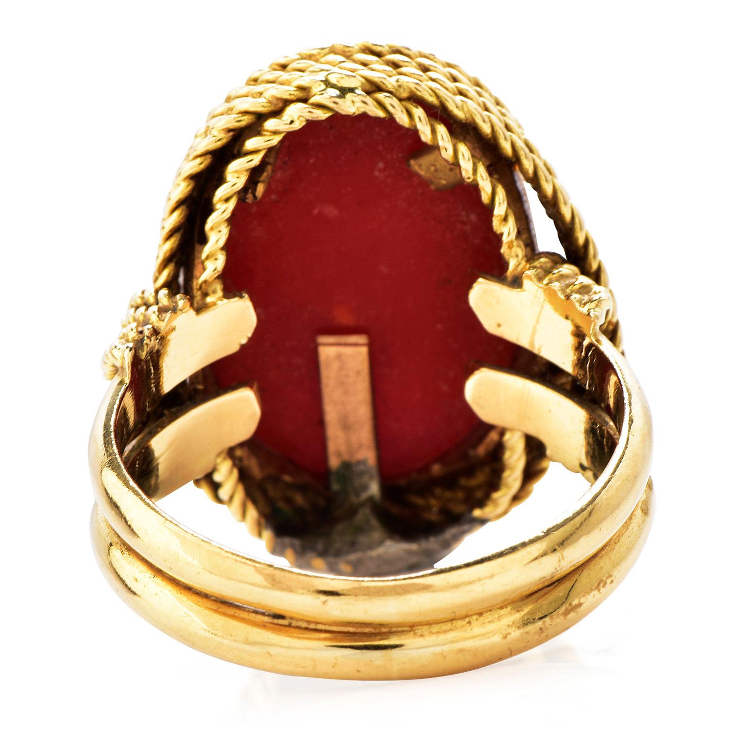 Oval Cut Vintage Red Coral 18K Gold Oval Cocktail Ring