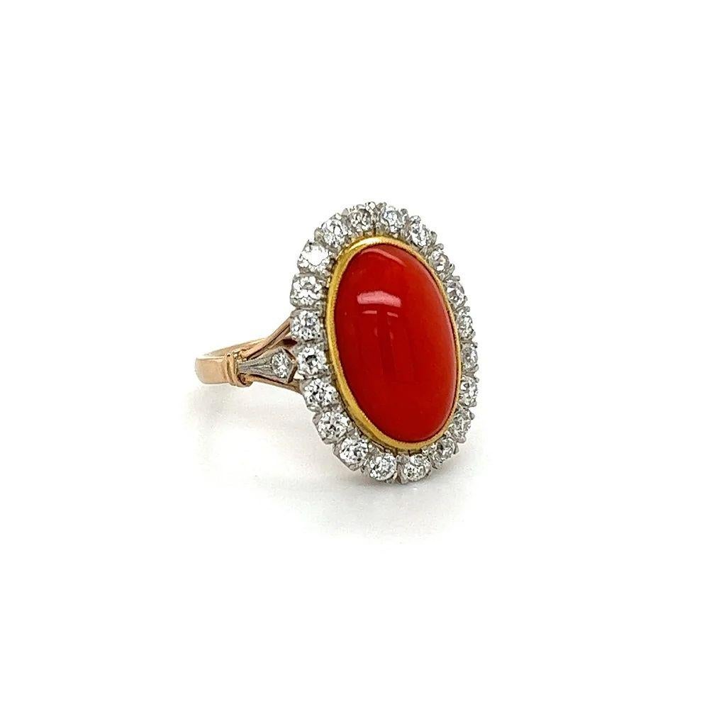 Simply Beautiful! Finely detailed Coral and Diamond Platinum Ring. Centering a securely nestled Hand set 3.66 Carat Oval Red Coral, surrounded with Diamonds, weighing approx. 0.70tcw. Hand crafted Platinum on 18K Gold. Ring size 6.5, we offer ring