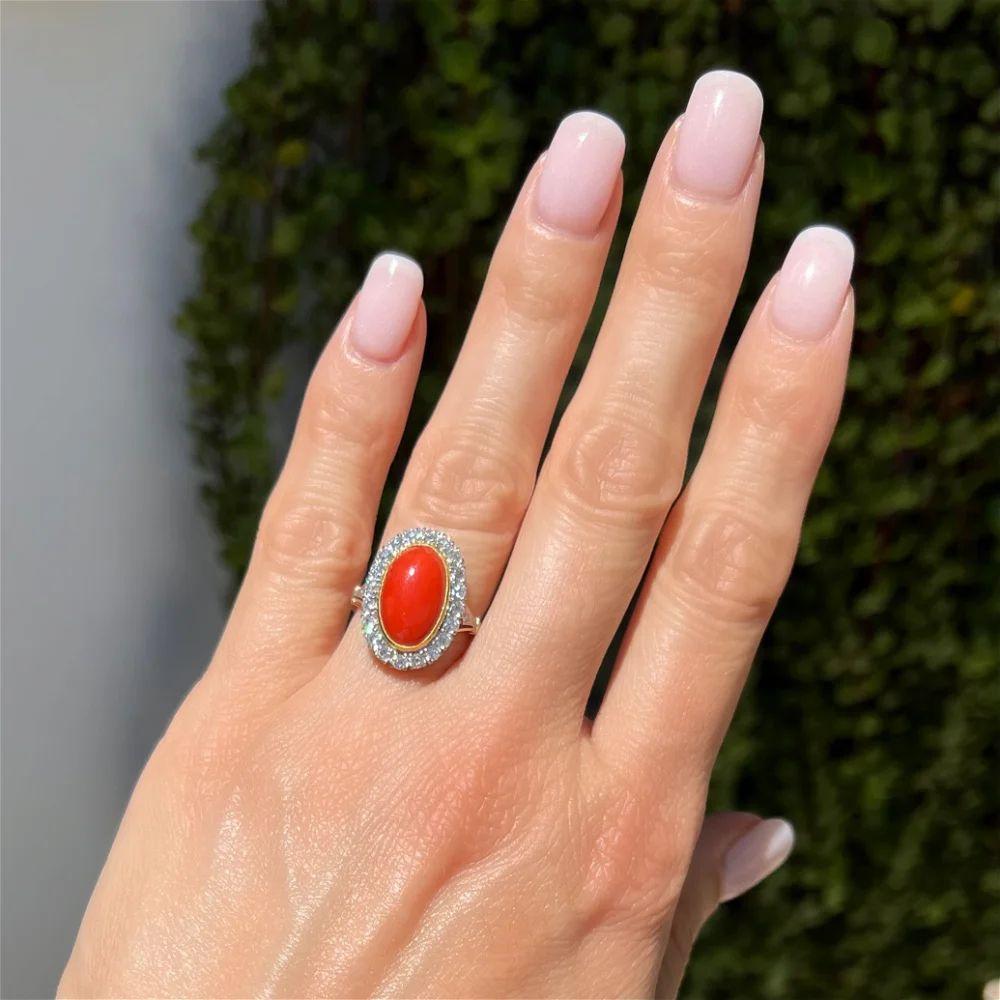 Art Deco Vintage Red Coral and Diamond Platinum Cocktail Ring For Sale