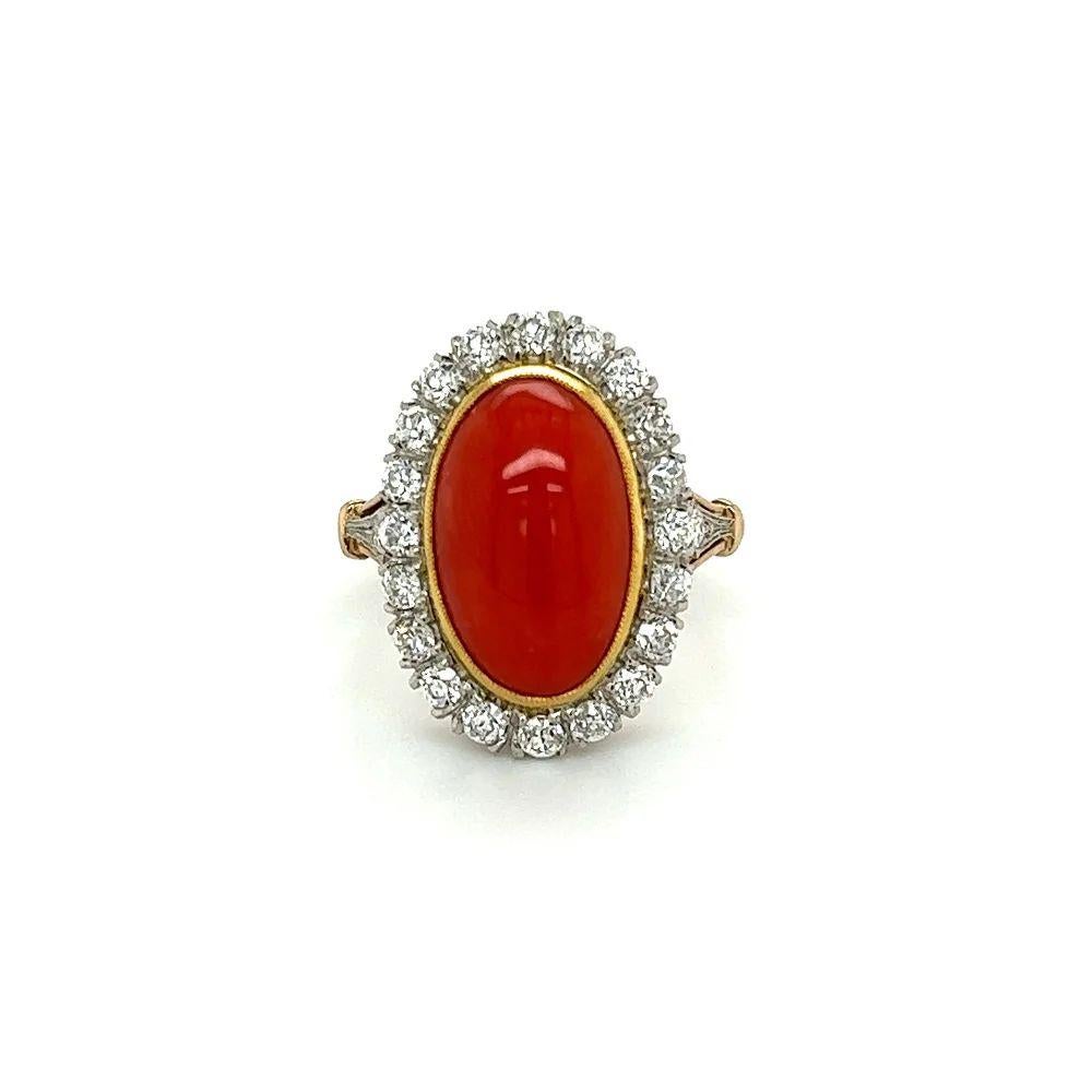 Mixed Cut Vintage Red Coral and Diamond Platinum Cocktail Ring For Sale