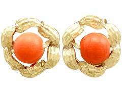 Vintage Red Coral and Yellow Gold Stud Earrings