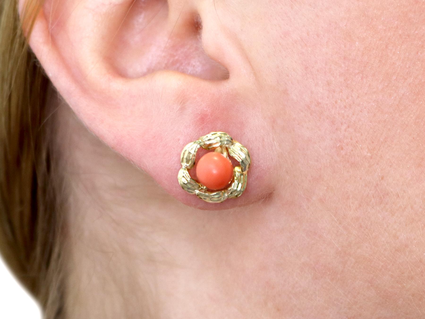 Women's Vintage Red Coral and Yellow Gold Stud Earrings For Sale