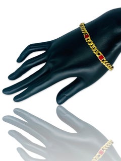 Vintage Red Coral Blocks Bezel Set Cuban Curb Link Bracelet 14k Gold 6.5 Inch