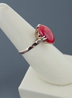 Vintage Red Coral Cabochon, 18k Rose Gold Ring