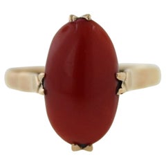 Vintage Red Coral Cabochon, 18k Rose Gold Ring