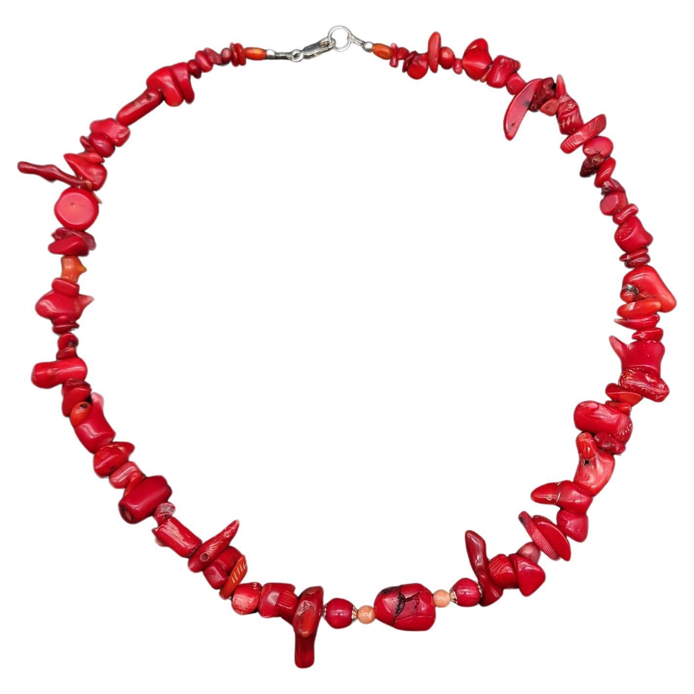 Vintage Red Coral Collar Necklace with Decorative Sterling Silver Clasp For Sale