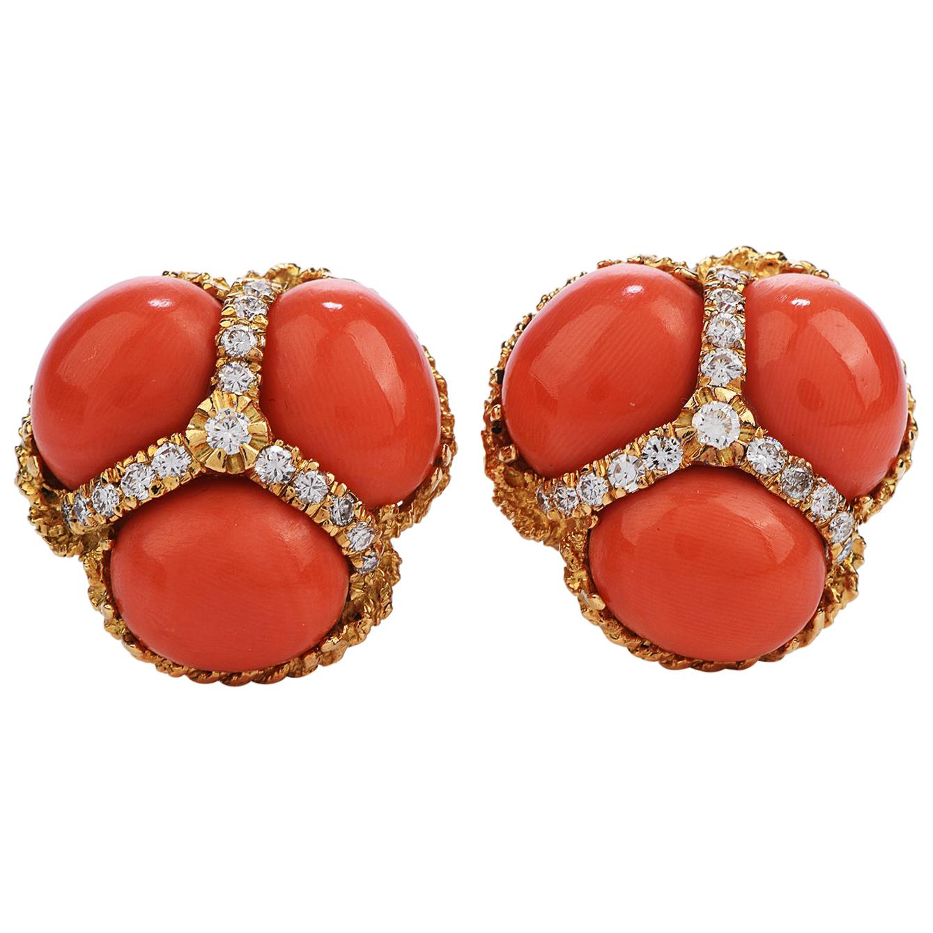 Vintage Red Coral Diamond 18 Karat Gold Clip-On Earrings