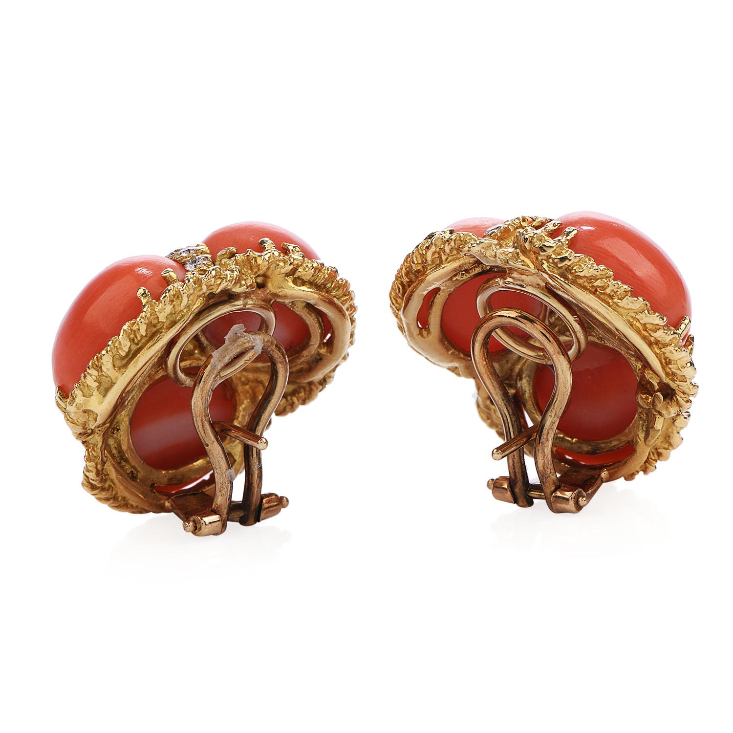 Retro Vintage Red Coral Diamond 18 Karat Gold Clip-On Earrings