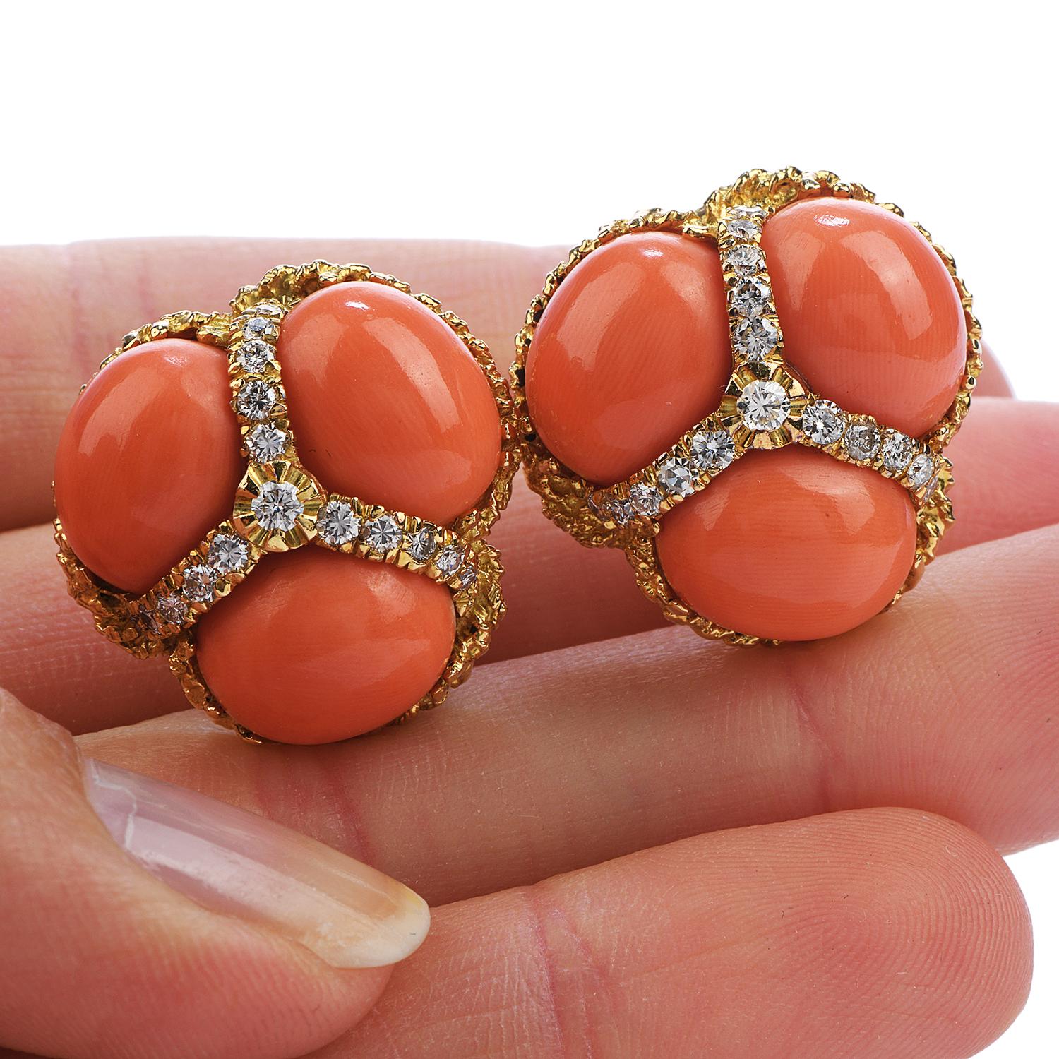 Cabochon Vintage Red Coral Diamond 18 Karat Gold Clip-On Earrings