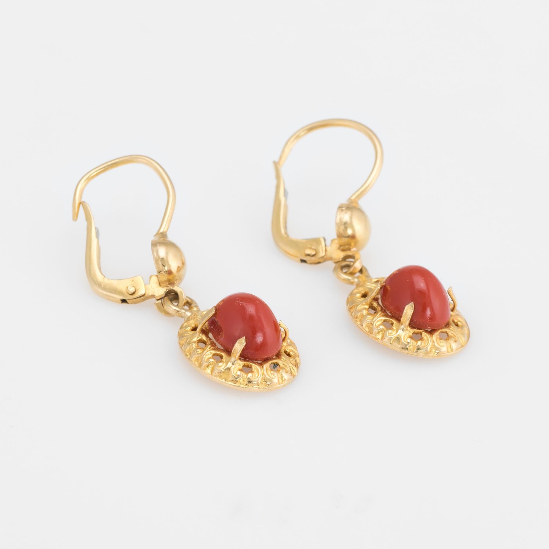 Modern Vintage Red Coral Drop Earrings 18 Karat Yellow Gold Oval Estate Fine Jewelry