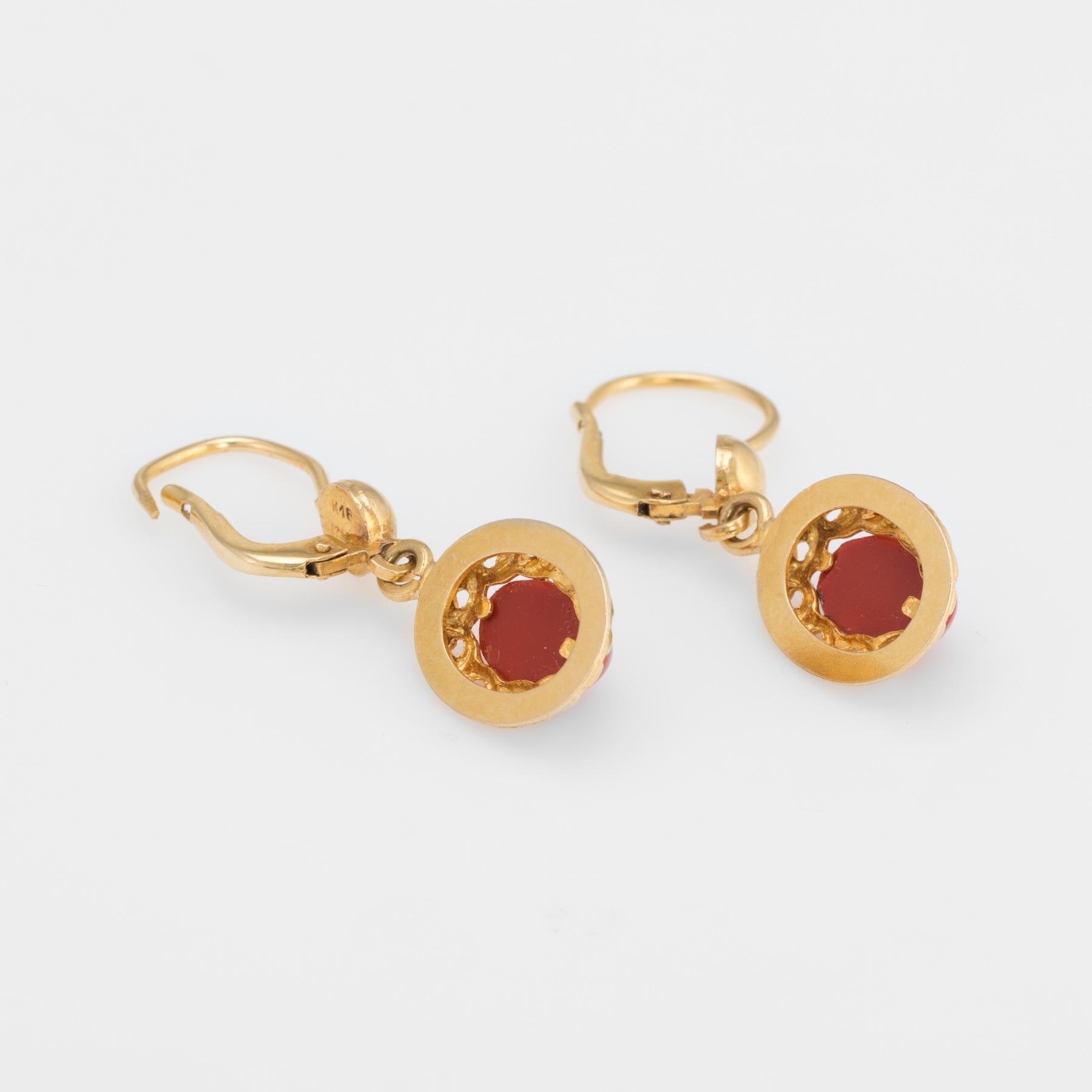 Oval Cut Vintage Red Coral Drop Earrings 18 Karat Yellow Gold Oval Estate Fine Jewelry