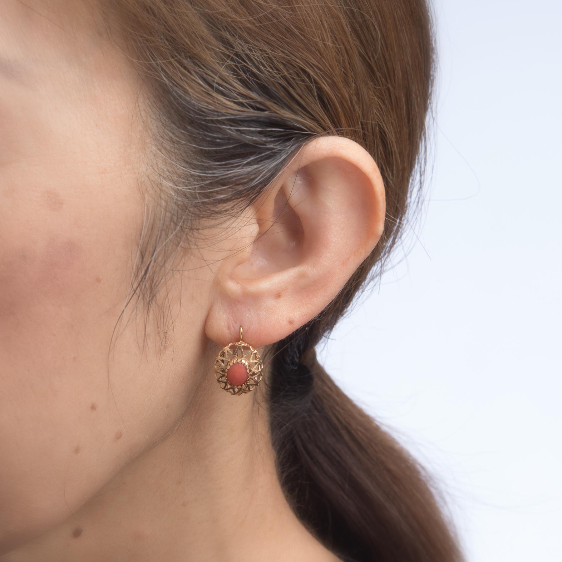 Women's Vintage Red Coral Earrings Drops 10 Karat Gold Estate Fine Jewelry Heirloom