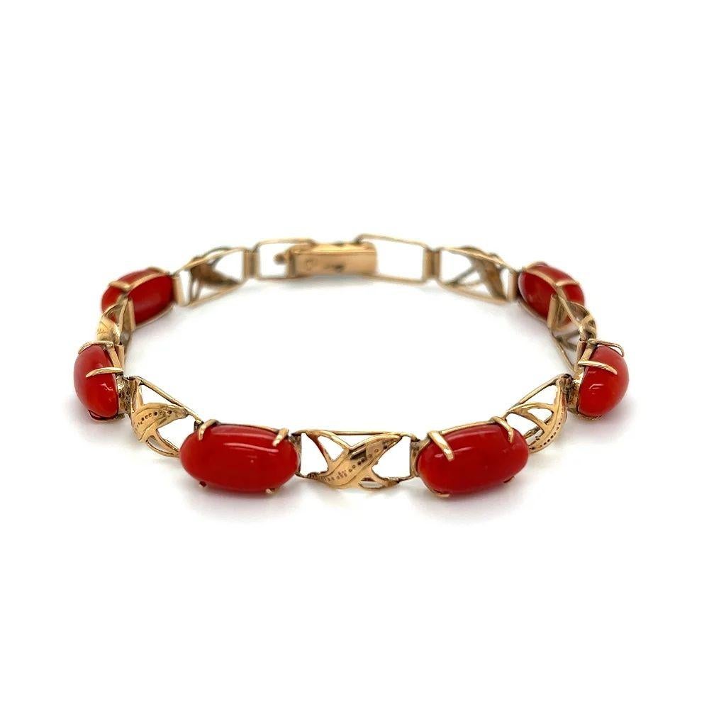 Simply Beautiful! Vintage Mid Century Modern Red Coral Hand crafted 14K Yellow Gold Link Bracelet. Securely Hand set with 6 Round Coral stones, weighing approx. 6.00tcw. Bracelet measures approx. 6.65” long. Circa 1960s. More Beautiful in real time!
