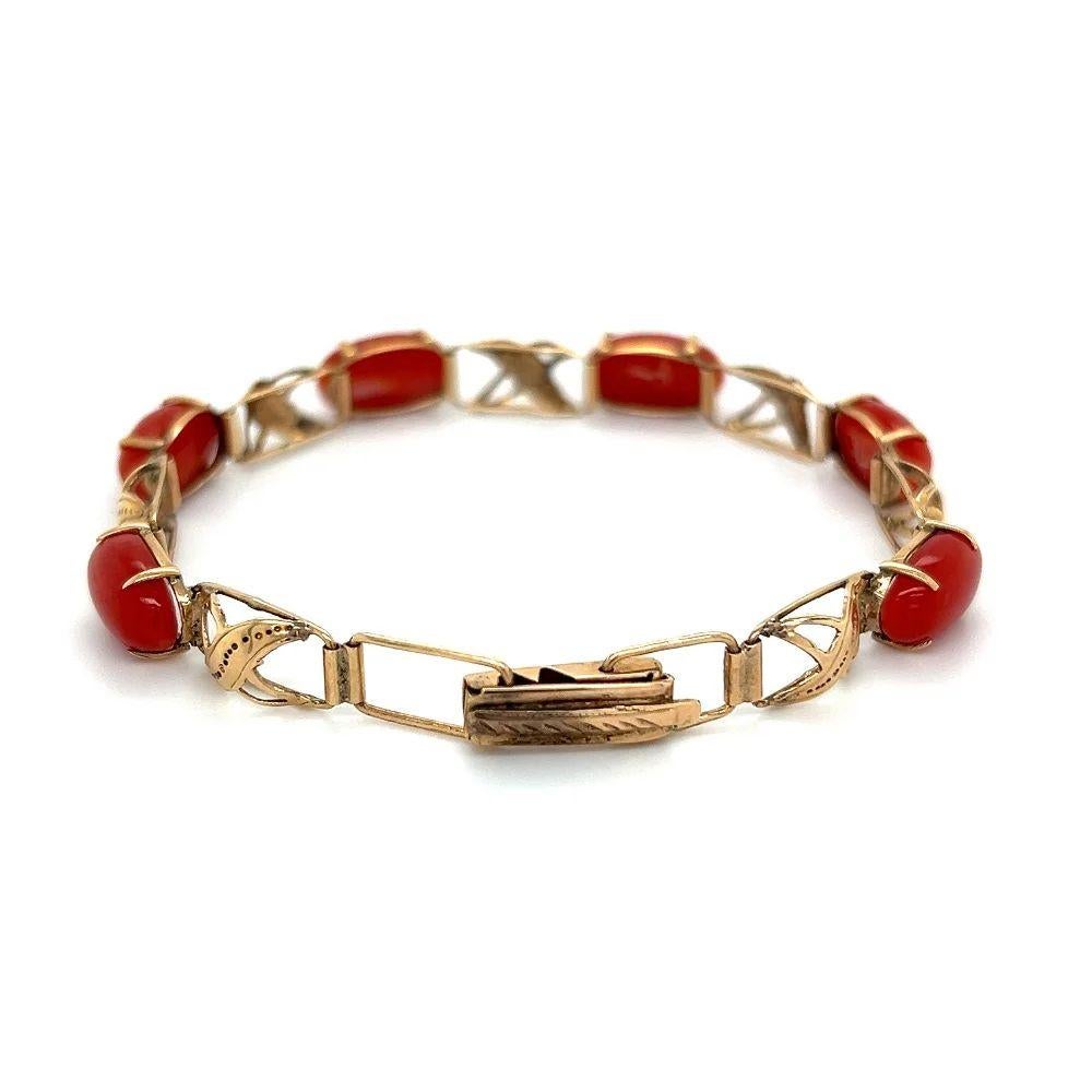 Modernist Vintage Red Coral Mid Century Modern Gold Link Bracelet For Sale