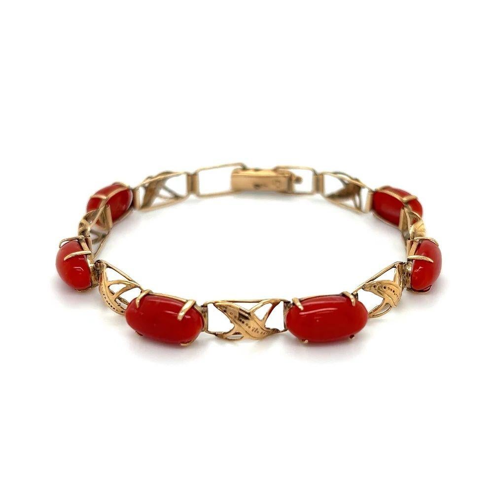 Round Cut Vintage Red Coral Mid Century Modern Gold Link Bracelet For Sale