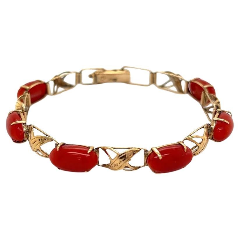 Vintage Red Coral Mid Century Modern Gold Link Bracelet For Sale
