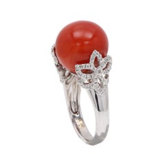 Vintage Red Coral Ring 18k white Gold Natural Round Ball Shape & Diamonds