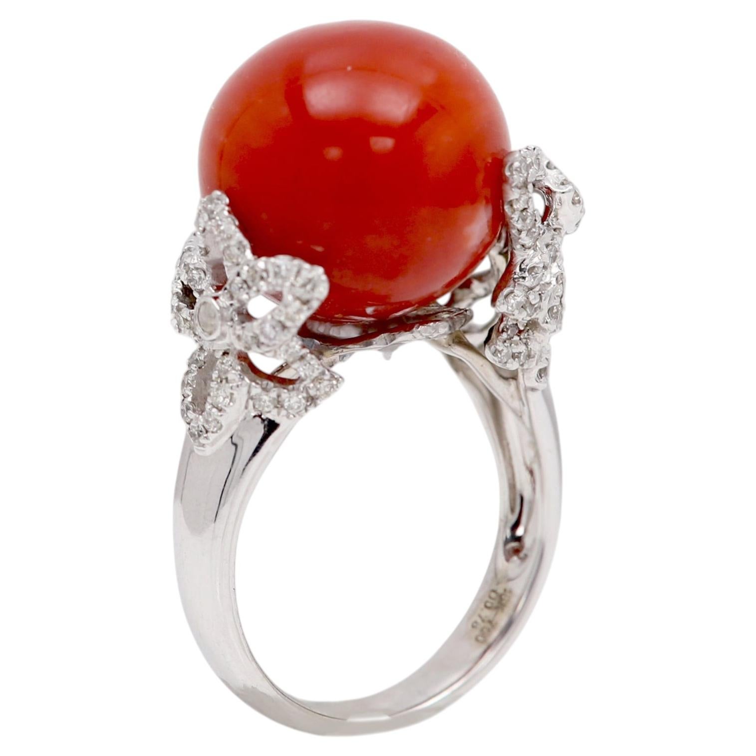 Vintage Red Coral Ring 18k white Gold Natural Round Ball Shape & Diamonds