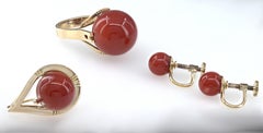 Vintage Red Coral, Rose Gold Earring, Ring and Pendant Suite