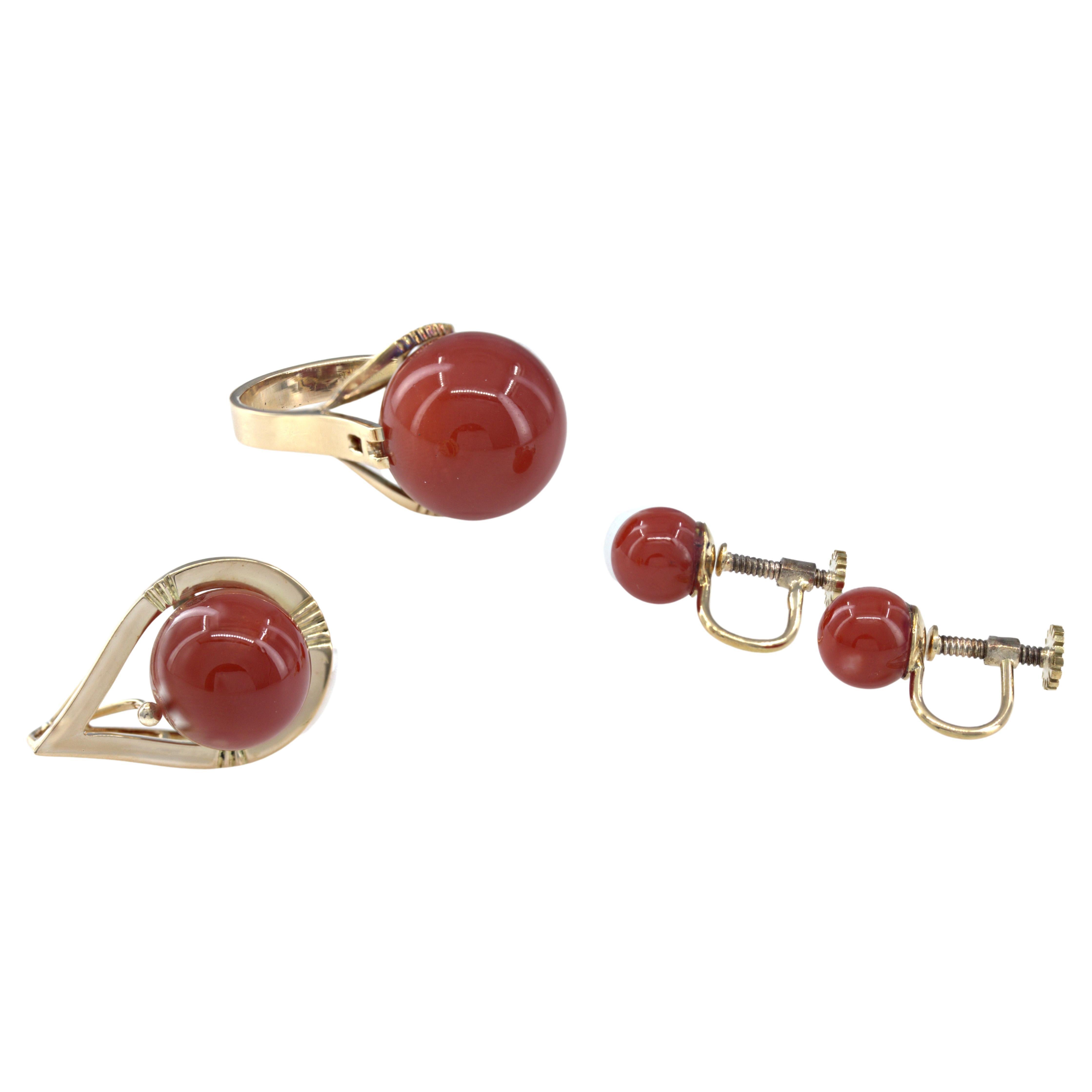 Vintage Red Coral, Rose Gold Earring, Ring and Pendant Suite For Sale