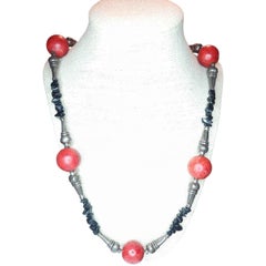 Vintage Red Coral-Style & Sterling Tribal Necklace with Onyx Chips