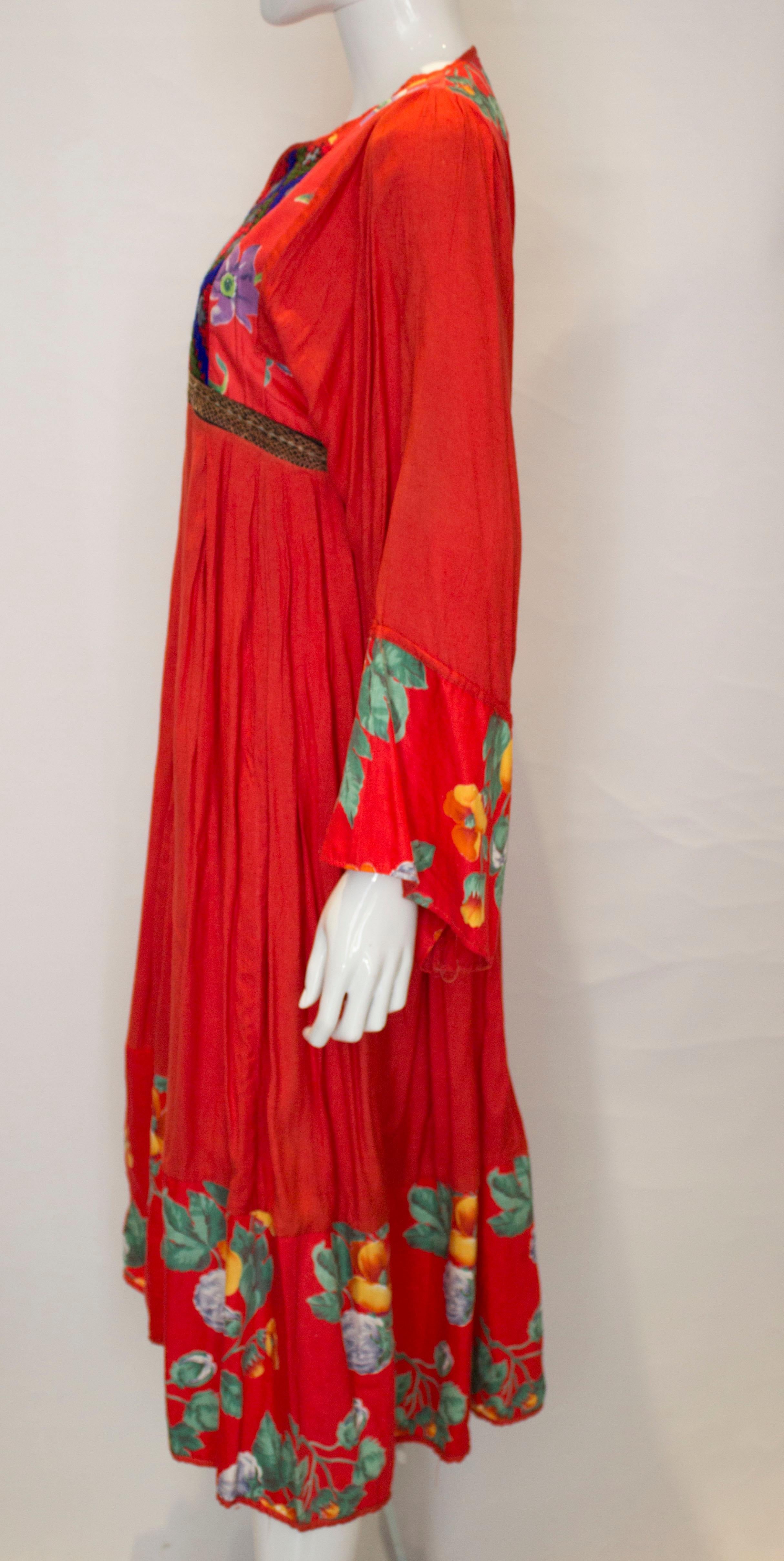 Vintage Red Cotton Boho Dress In Good Condition For Sale In London, GB