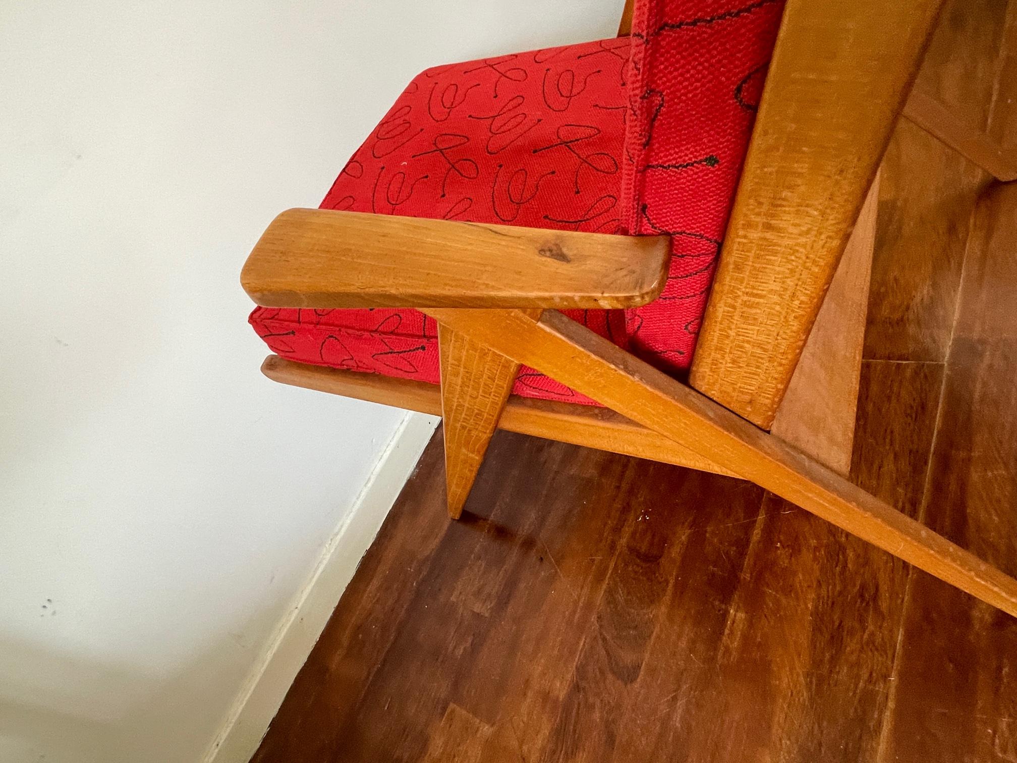 Vintage Red Danish Design Chair, Mid Century Wooden Chair, Original Fabric, 60's For Sale 4