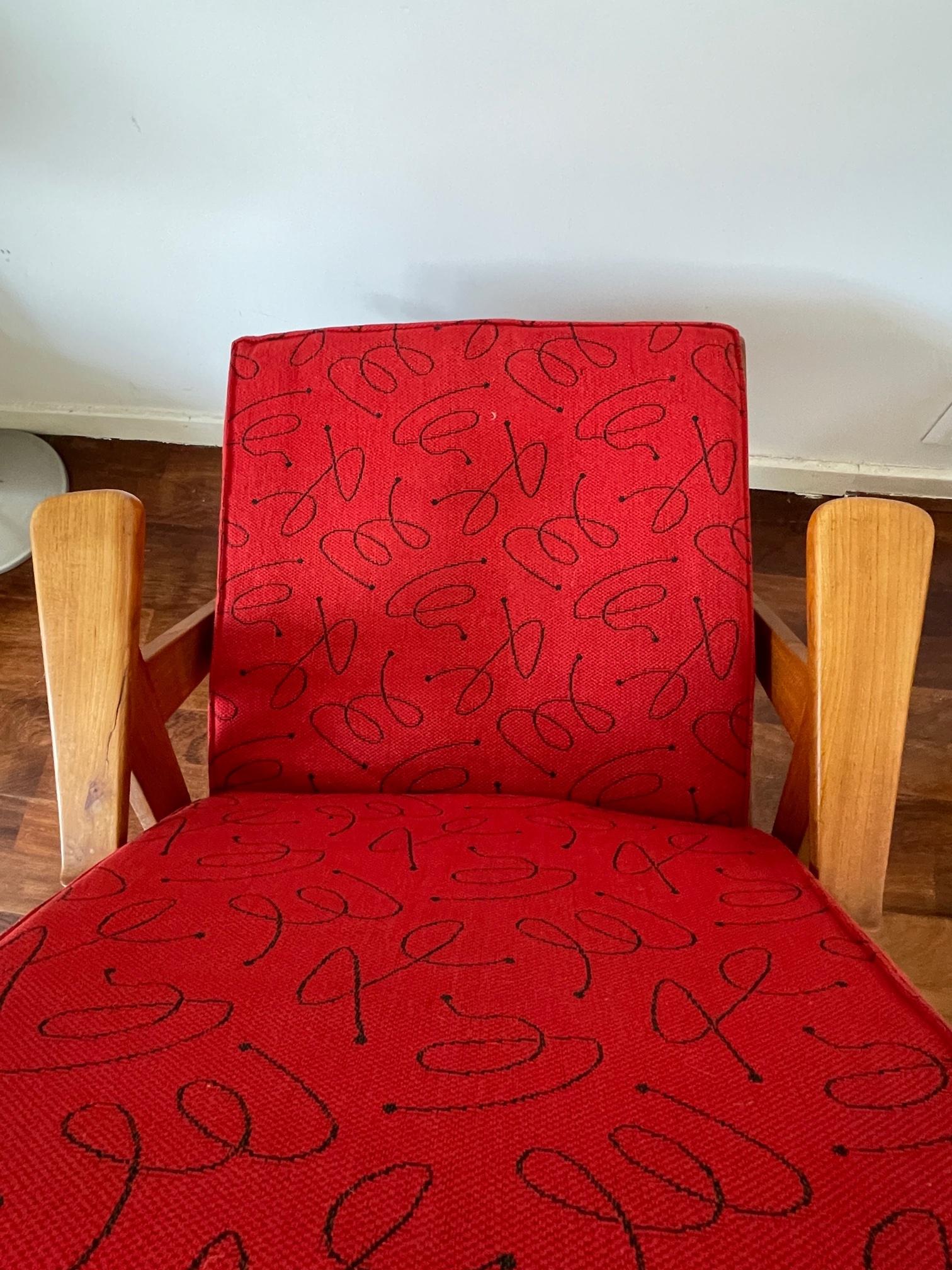 Vintage Red Danish Design Chair, Mid Century Wooden Chair, Original Fabric, 60's For Sale 6