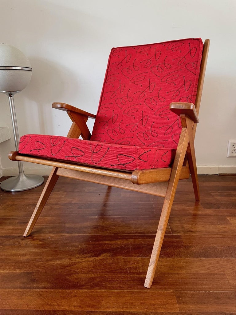 Vintage Red Danish Design Chair, Mid Century Wooden Chair, Original