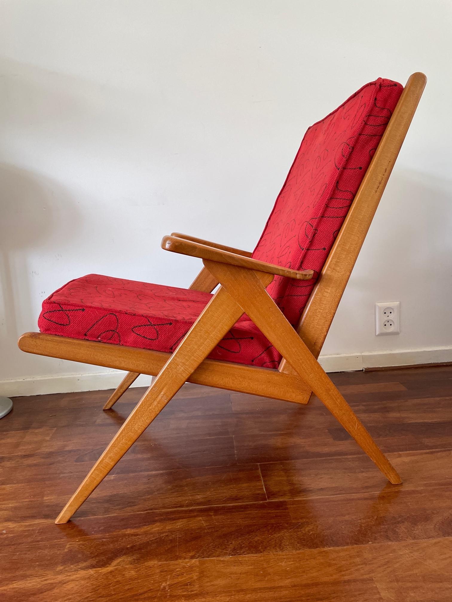 Mid-Century Modern Vintage Red Danish Design Chair, Mid Century Wooden Chair, Original Fabric, 60's For Sale